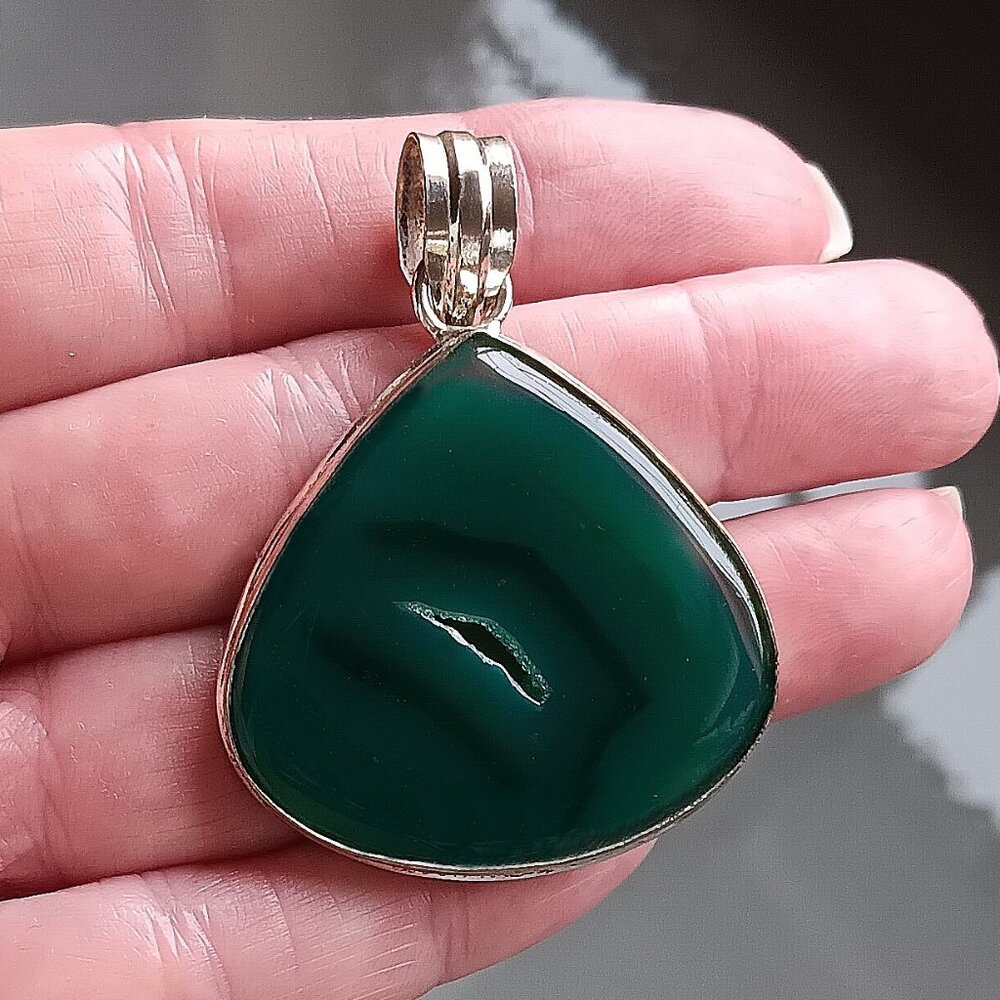 New - Large Green Botswana Agate Silver Pendant - Includes a Chain